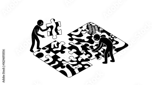Two people assembling abstract patterned jigsaw puzzle pieces in a collaborative effort