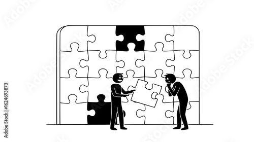 Two people working together to complete a large jigsaw puzzle with missing pieces