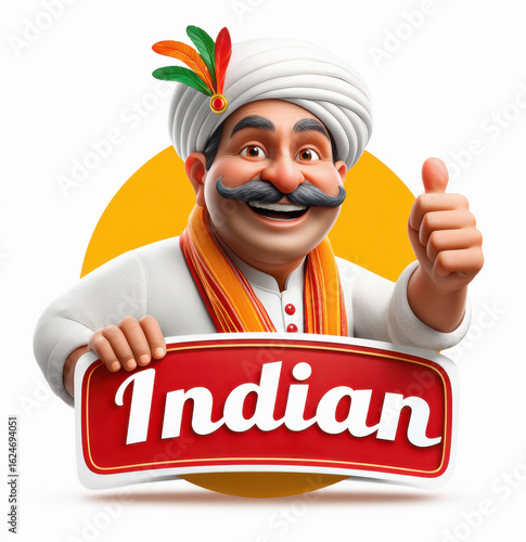 logo for an Indian restaurant featuring a shallow red rectangular banner with a cartoon mascot