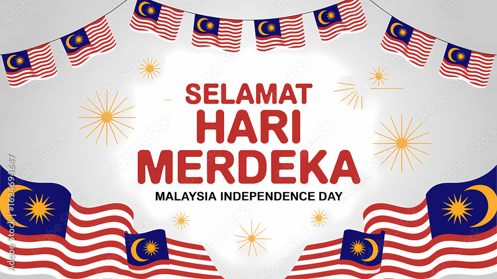 Fototapeta premium Celebrate Malaysia Independence Day with festive flags and bright starbursts, honoring national pride and unity, perfect for patriotic events and designs