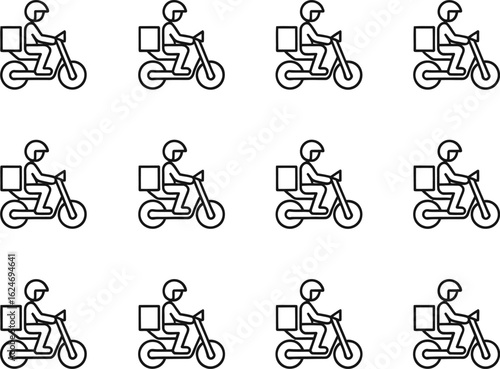 Vector icons of delivery riders on motorcycles with cargo boxes