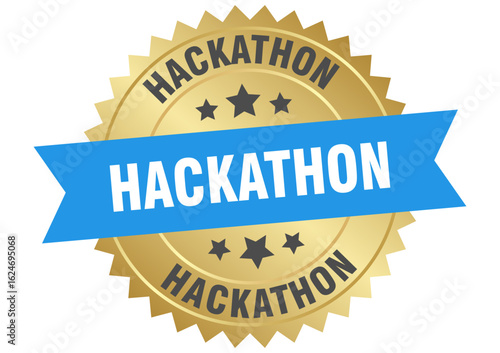hackathon. hackathon round blue and gold label isolated on transparent background