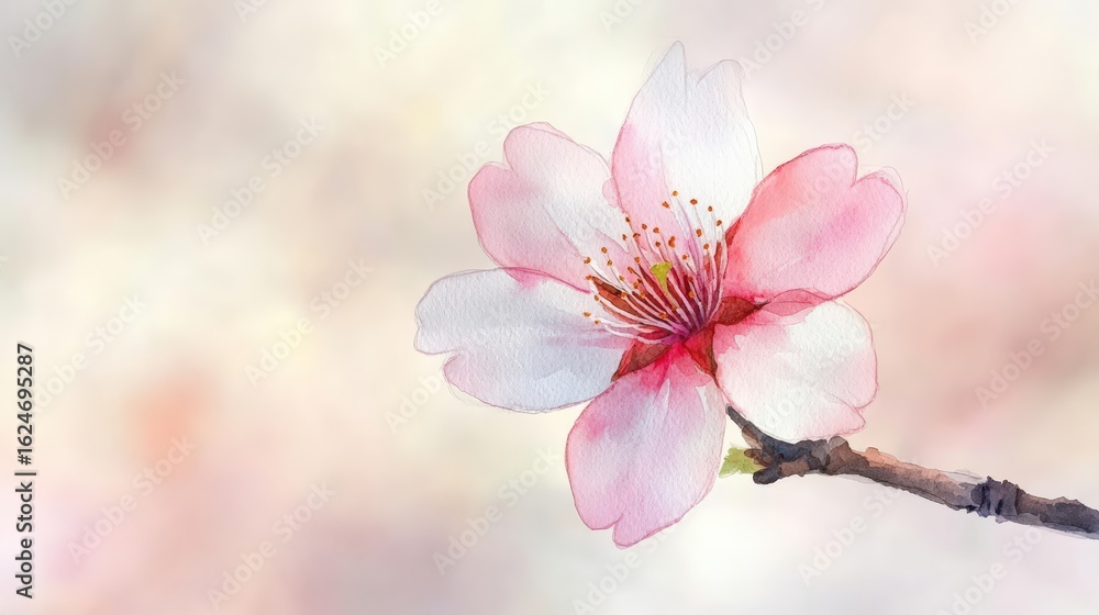 Obraz premium Watercolor illustration of a single blooming cherry blossom on a branch, detailed petals, vibrant pinks and whites against a soft blurred background