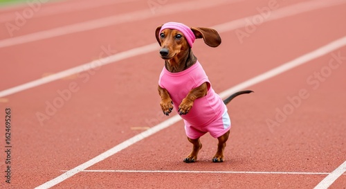 A Dachshund doing high knees exercise, wearing a sweatband and mini shorts on a soft pink background