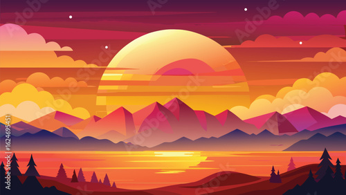 A vibrant orange sunset over the mountains paints the evening sky with soft light and picturesque clouds, a serene summer landscape