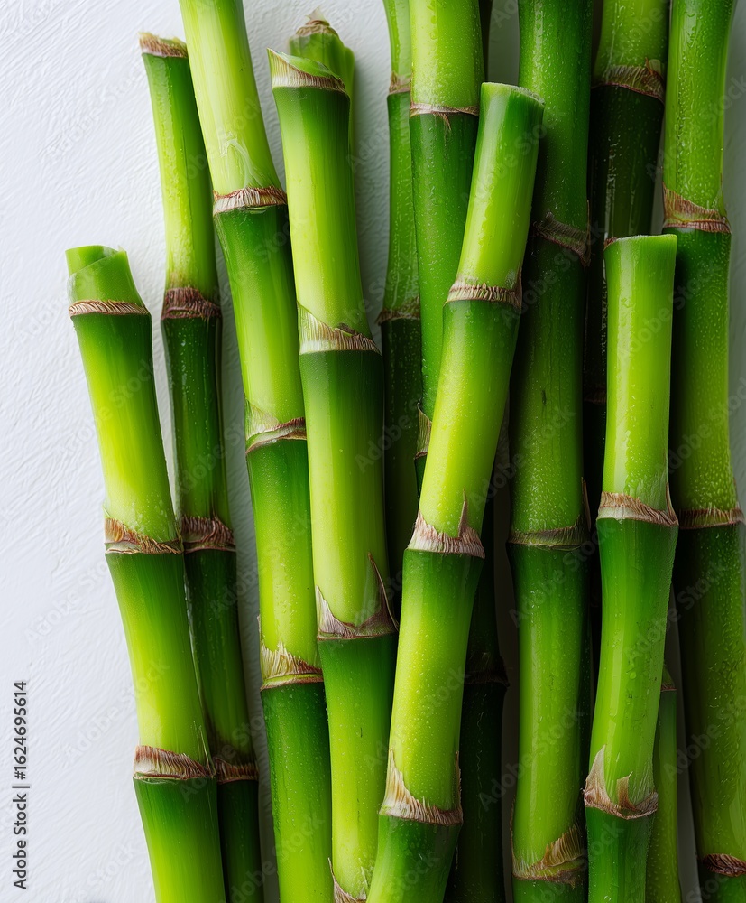 Obraz premium Fresh green bamboo stalks are tightly packed together, showcasing their vibrant color and natural texture. The image captures the essence of bamboo's strength and flexibility.