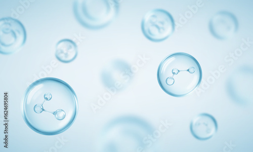 Molecule inside bubble on blue background. Cosmetic moisturizer water molecule. Concept skin care cosmetics solution. Vector illustration