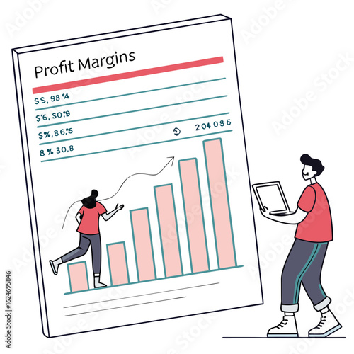 People analyzing profit margin report with bar chart isolated on white background