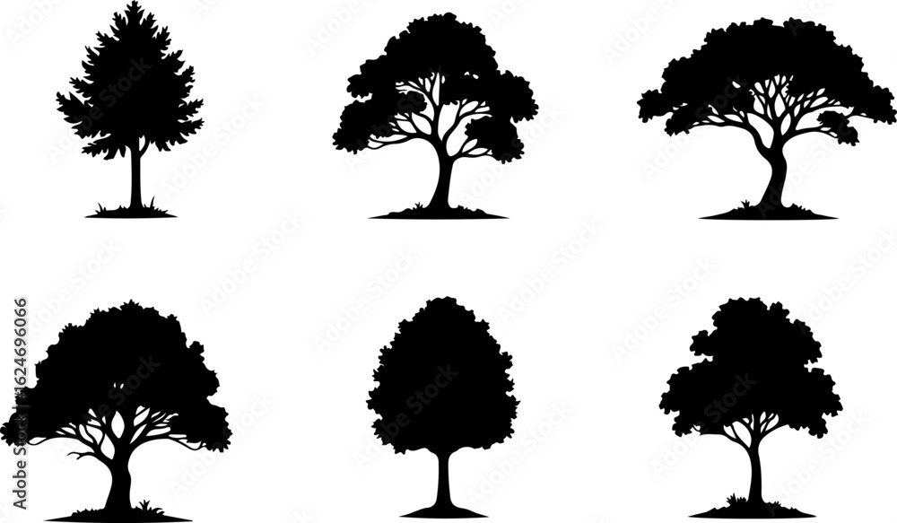 Fototapeta premium Majestic Tree Silhouette Collection – 7 Elegant Nature Designs vector bundle