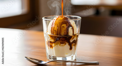 Steaming hot espresso pouring over a scoop of creamy vanilla ice cream to make an affogato.