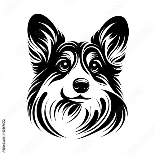 Vector of corgi dog in black strokes and lines style. Diversity of breeds, pet and friend for family. Vet clinic professional services, grooming salon and dog food decoration. Adoption fair