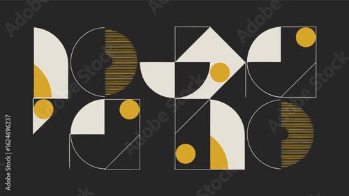 Geometric Abstract Art Minimalist Composition of Circles, Squares, Triangles, and Yellow Accents on Black