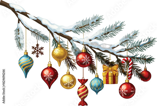 Festive Christmas tree branch adorned with colorful ornaments and a dusting of snow for a holiday celebration
