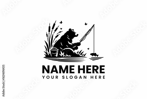 Grizzly Bear Fishing Silhouette Logo with Angling Rod and Fish.