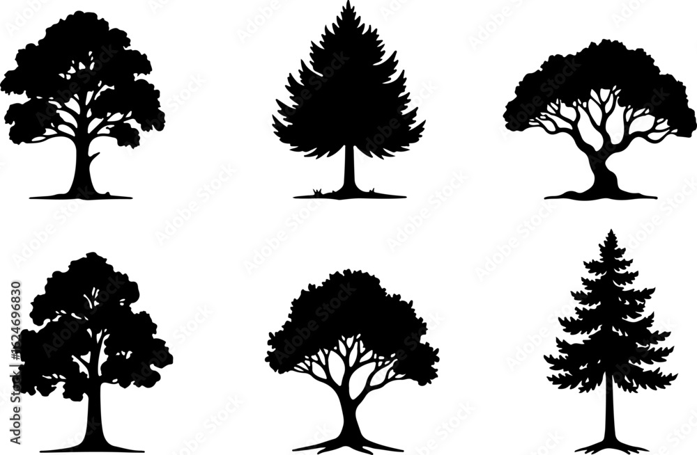 Fototapeta premium Majestic Tree Silhouette Collection – 7 Elegant Nature Designs vector bundle