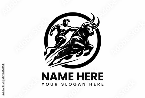 Dynamic black and white abstract graphic showing a courageous rider controlling a massive wild charging bull