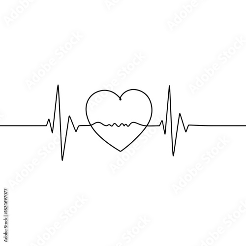 Continuous line style vector of heart with heartbeat line. World heart day, awareness of cardiovascular disease concept, World Health Day, healthy lifestyle