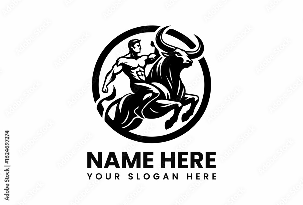 Obraz premium Muscular man riding a powerful bull inside a circle black and white logo.