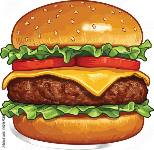 Delicious Hamburger Illustration with Fresh Ingredients and a Juicy Patty on Buns with Sesame Seeds, a Vector Graphic