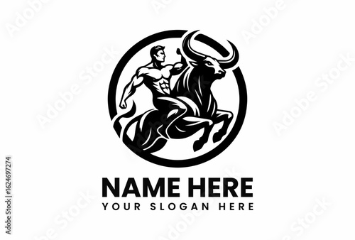 Muscular man riding a powerful bull inside a circle black and white logo.