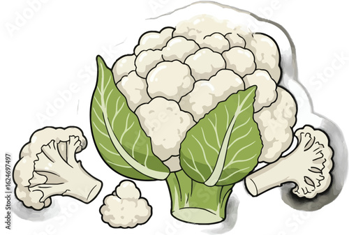 A colorful vector illustration of a fresh cauliflower with leaves and florets, casting a subtle shadow on a white backdrop, ideal for healthy eating designs.