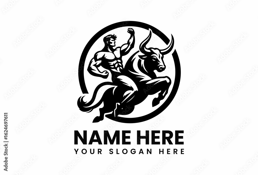 Obraz premium Muscular Man Riding a Raging Bull Inside a Bold Circle Black and White Logo.