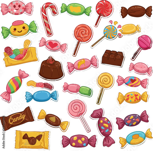 Colorful Candy Collection Sweet Treats and Delicious Desserts Featuring Lollipops, Chocolate, and Wrapped Candies for Celebrations