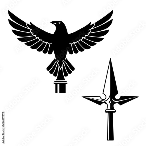 Flagpole finial vectors - Black silhouette of eagle and spear on white background  