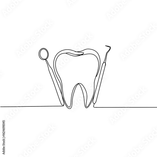 Dental tools and tooth illustration in minimalist line art vector. Dental clinic decoration, professional doctor tools, symbol of regular dental care and healthy oral cavity. National Dentist’s Day