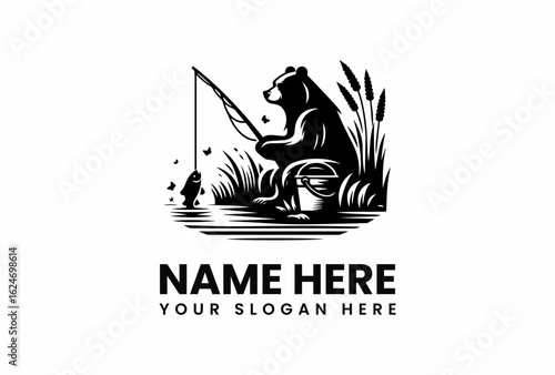 Silhouette of a bear fishing with a bucket and a caught fish.