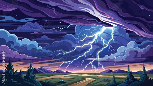 Dramatic night landscape with bright lightning over the dark ocean and blue storm clouds