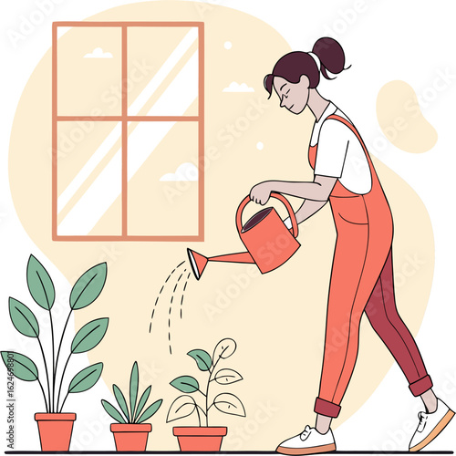 A young woman watering her potted plants near a window