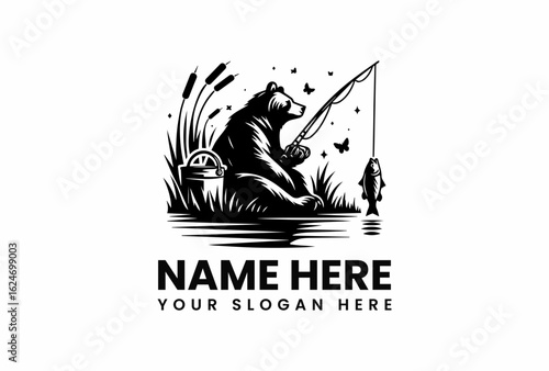 Silhouette of a fishing bear with a bucket cattails butterflies and a caught fish.