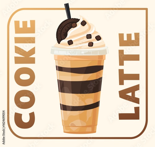 Cookie Latte in a clear plastic cup vector icon. Topped with whipped cream, chocolate chips, and a crumbled cookie food illustration, sense of indulgence and sweet refreshment.