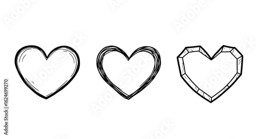 Set of hand-drawn or doodle style heart shapes in three styles. Black strokes and lines hearts for likes or St/ Valentine's day graphics. Love and feelings concept. Romantic minimalist symbols
