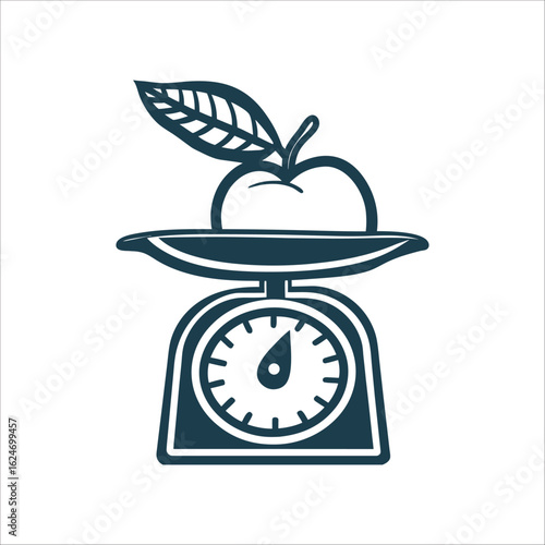 Apple on Scale: Healthy Eating, Nutrition Planning Nutrition Planning Apple with leaf balanced scale