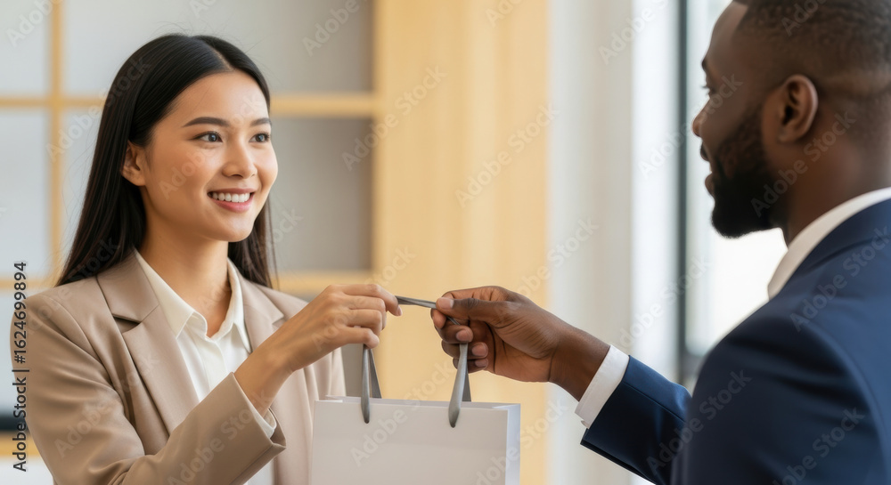 Fototapeta premium Smiling young businesswoman receives gift bag from colleague during workplace celebration, fostering positive team connection and professional appreciation