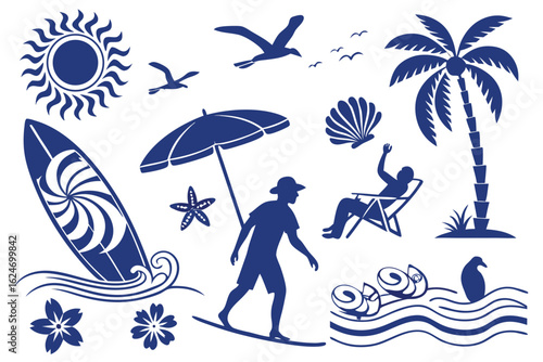 Hand-drawn doodle beach and surf icon vector set with tropical elements like palm trees, waves, surfboards, and sun. Perfect for summer designs, t-shirts, posters, and coastal design.