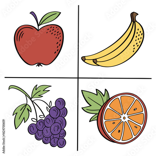 Illustration of apple, banana, grapes and orange isolated on white background