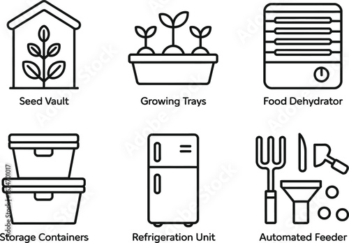 Black outline icons including seed vault, growing trays, food dehydrator on white