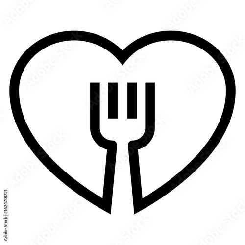 Logo I love food. Icono con silueta de tenedor en corazón con líneas 