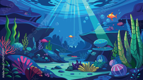 Vibrant tropical fish and diverse marine life populate a serene underwater world, beautifully illustrated with coral reefs and shimmering blue waters