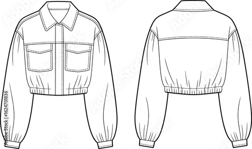 Cropped jacket technical drawing, front and back view, long sleeve with cuffs, elastic waist, collar design, chest pockets, yoke detail, fashion template, garment layout.