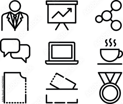 Business and Office Icon Set on White Background in Outline Style
