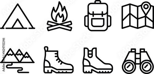 Camping Linear Elements Tent, Bonfire, Backpack, Map, Mountains, Boots, Binoculars