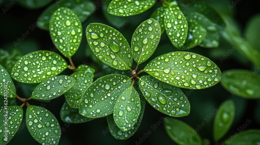 Fototapeta premium Close-up of vibrant green leaves, glistening with dew drops