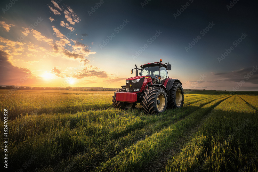 Fototapeta premium tractor standing at green agricultural field