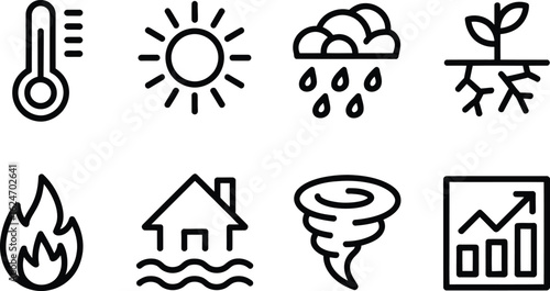 Climate Change Outline Icons Thermometer, Sun, Rain, Plant, Fire, Flood, Tornado, Growth