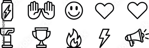 Collection of ten various outline icons including energy drink, hands, smile face