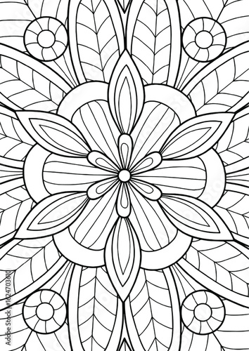 Coloring Book Kids Intricate floral pattern with symmetrical elements, delicate line work and harmonious design, ideal for coloring book pages and relaxation techniques
